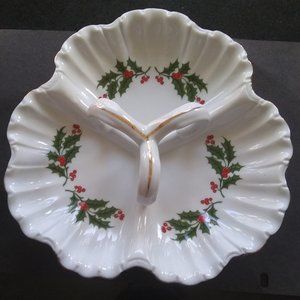 Porcelain three section Relish candy Christmas dish Holly Gold Trim